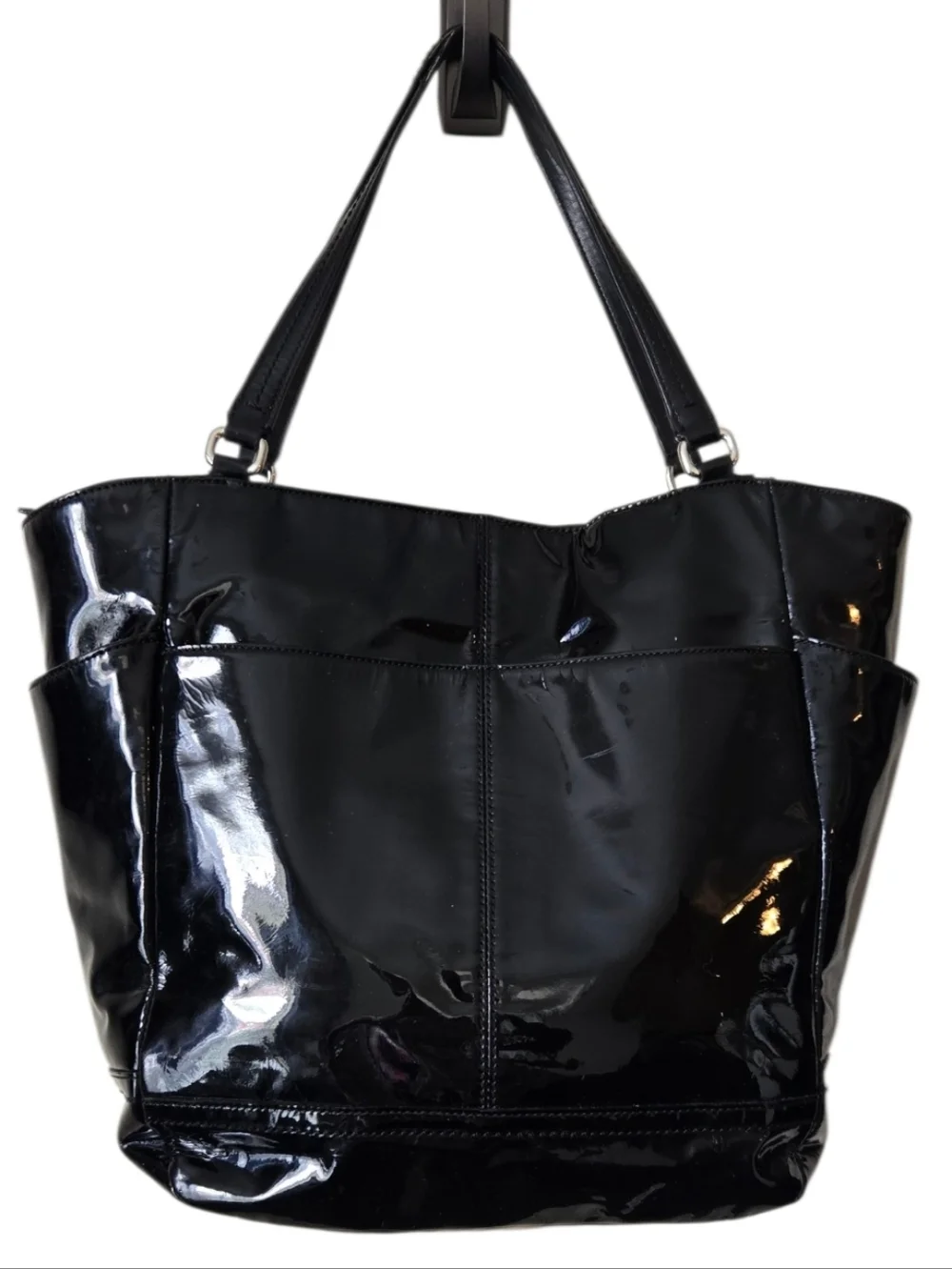 Coach Black Patent Leather Tote Bag Shoulder Bag Silver Hardware Zip Top - Picture 2 of 11